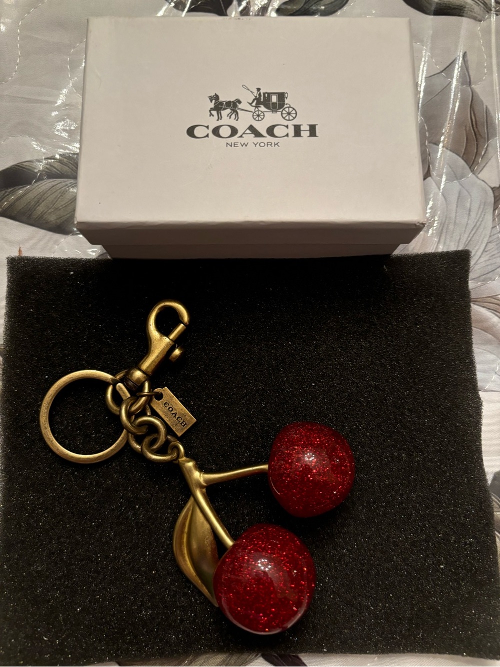 Coach Red Glitter Cherry Keychain with Antique Gold Hardware in OG Box